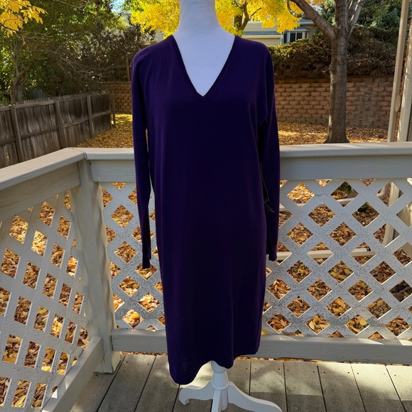 Ralph Lauren Women Medium Purple Sweater Dress 100% Merino Wool V Neck FA12 NEW - Picture 2 of 11